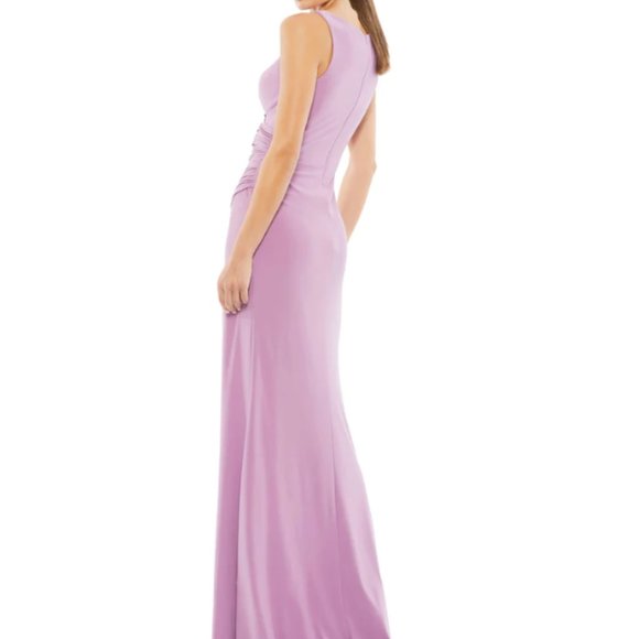MAC DUGGAL 26513 RUCHED STRETCH JERSEY V-NECK THIGH SLIT LILLAC GOWN sz 8 - Picture 2 of 7